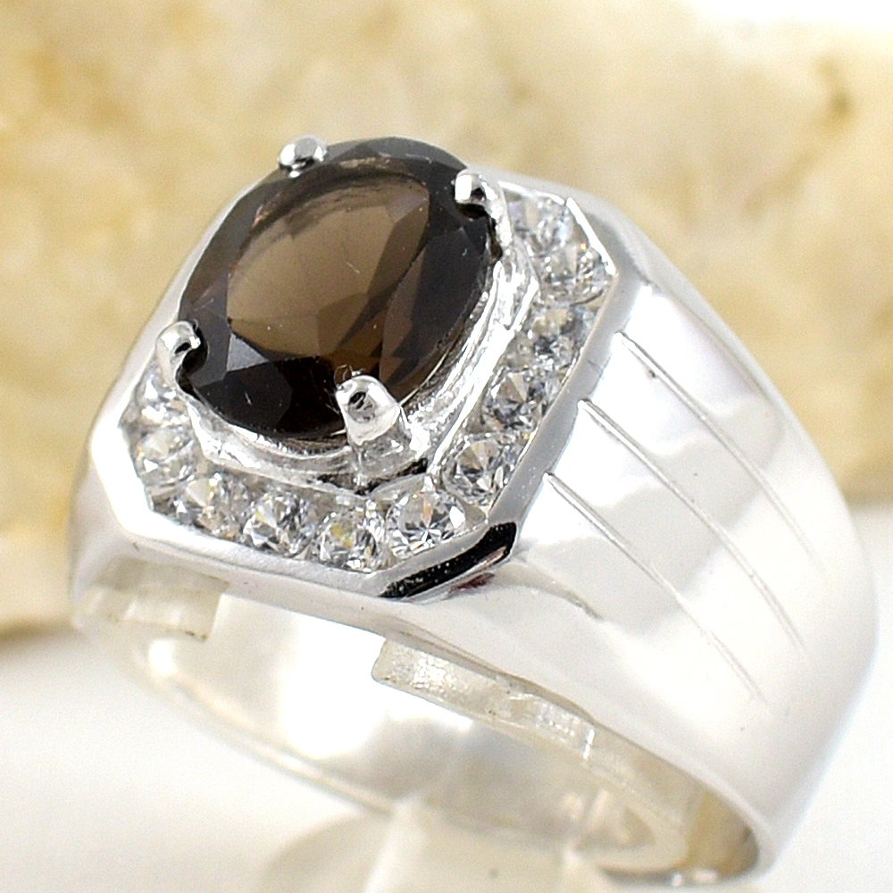 แหวนเงินแท้ราคาถูกชุบทองคำขาว พลอยแท้สโมกกี้ควอทซ์ 2.25 กะรัต เพชรCZ 0.64 กะรัต งานประณีตสวยงาม สั่งผลิตค่ะ