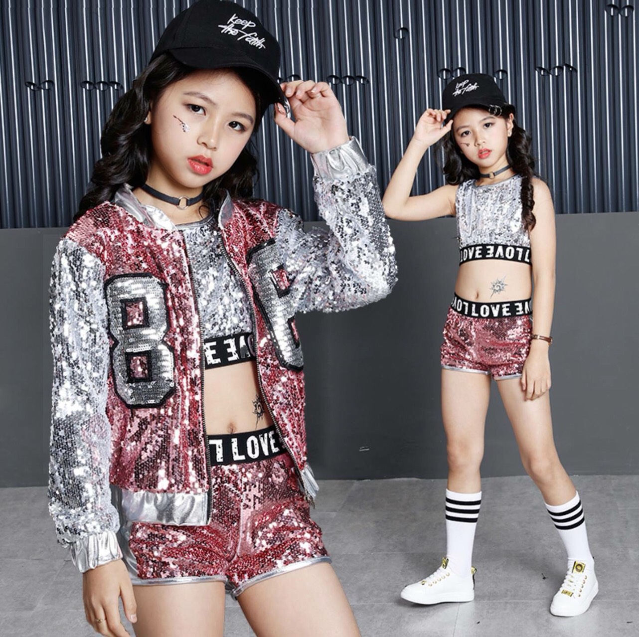 พร้อมส่ง ชุดเซ็ต ชุดแดนซ์เซอร์ สีเงิน-ชมพู เซ็ต 3 ชิ้น