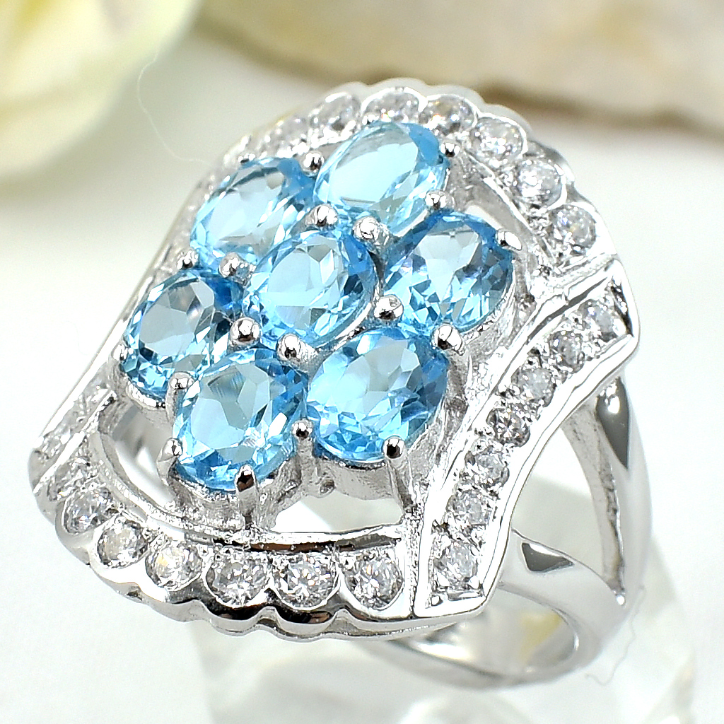 แหวนเงินแท้ราคาถูกชุบทองคำขาว สวิสบลูโทปาซแท้ 3.50 กะรัต เพชรCZ 0.28 กะรัต งานประณีตสวยงาม สั่งผลิตค่ะ