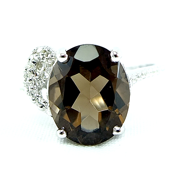 แหวนเงินแท้ราคาถูกชุบทองคำขาว พลอยแท้สโมกกี้ควอทซ์ 3.15 กะรัต เพชรCZ 0.182 กะรัต งานประณีตสวยงาม สั่งผลิตค่ะ