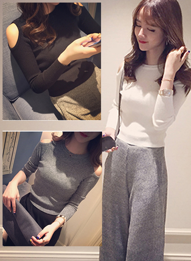 เสื้อยืดไหมพรม แต่งโชว์ไหล่ สวยน่ารักสไตลเกาหลี มี 3 สี ดำ/เทา/ขาว รหัส 1500