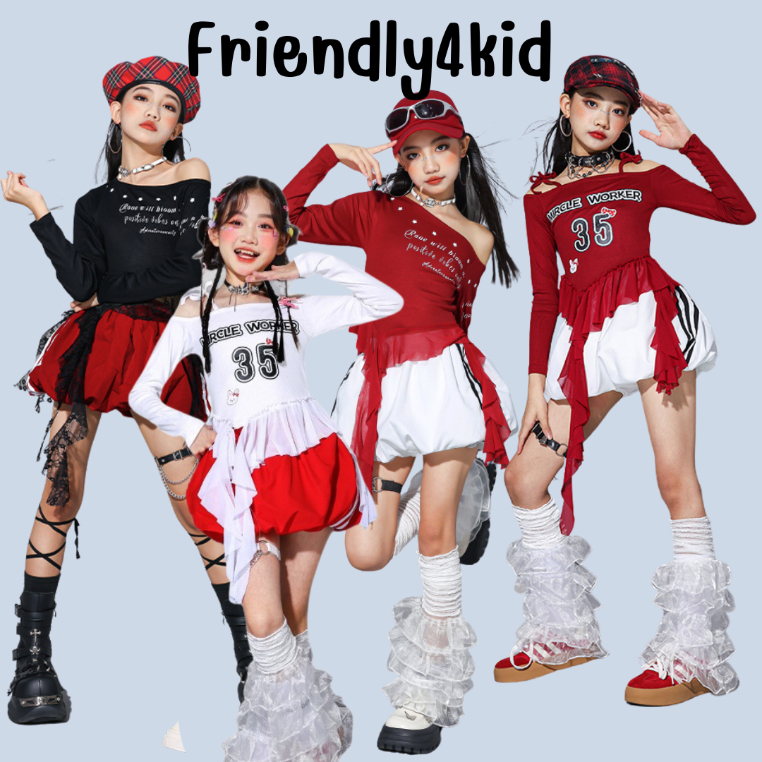 Friendly4kid ชุดเต้น เด็กผู้หญิง เสื้อแดง/ขาว+กระโปรง กางเกง*เปิดจอง