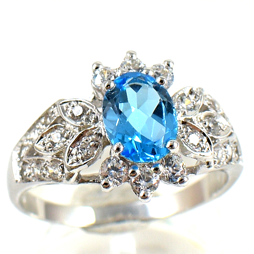 แหวนเงินแท้ราคาถูกชุบทองคำขาว สวิสบลูโทปาซแท้ 1.85 กะรัต เพชรCZ 0.27 กะรัต งานประณีตสวยงาม สั่งผลิตค่ะ