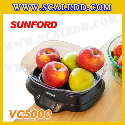 เครื่องชั่งตวงอาหารใช้ในบ้าน 5000g เครื่องชั่งในครัวเรือนใช้ตวงอาหารดิจิตอล 5กิโลกรัม เครื่องชั่งตวงอาหารดิจิตอล 5kg เครื่องชั่งตวงอาหาร 5000g เครื่องชั่งตวงอาหารดิจิตอล พิกัด 5kg ความละเอียด 1g ยี่ห้อ SUNFORD รุ่น VC5000 (รหัสตัวแทน B198)