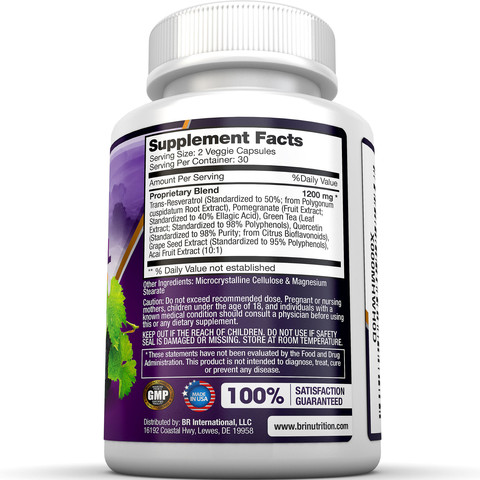 BRI Nutrition Resveratrol-1200mg Maximum Strength-60 VeggieCapsules ความเข้มข้นสูงสุด 1,200 มก.อาหารเสริมสำหรับชะลอวัย ฟื้นฟูสุขภาพ และช่วยลดริ้วรอย