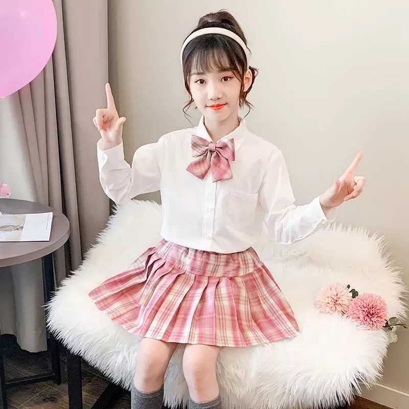 กระโปรงเด็ก อัดพีช สั้น สก็อตสีพาสเทล