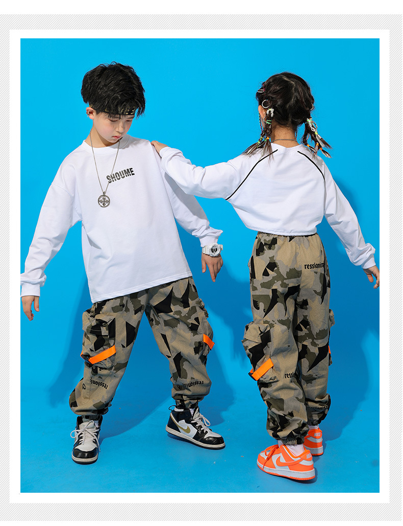 ชุดเต้น ชุดฮิปฮอป เซ็ตเสื้อขาว+กางเกงลายทหาร