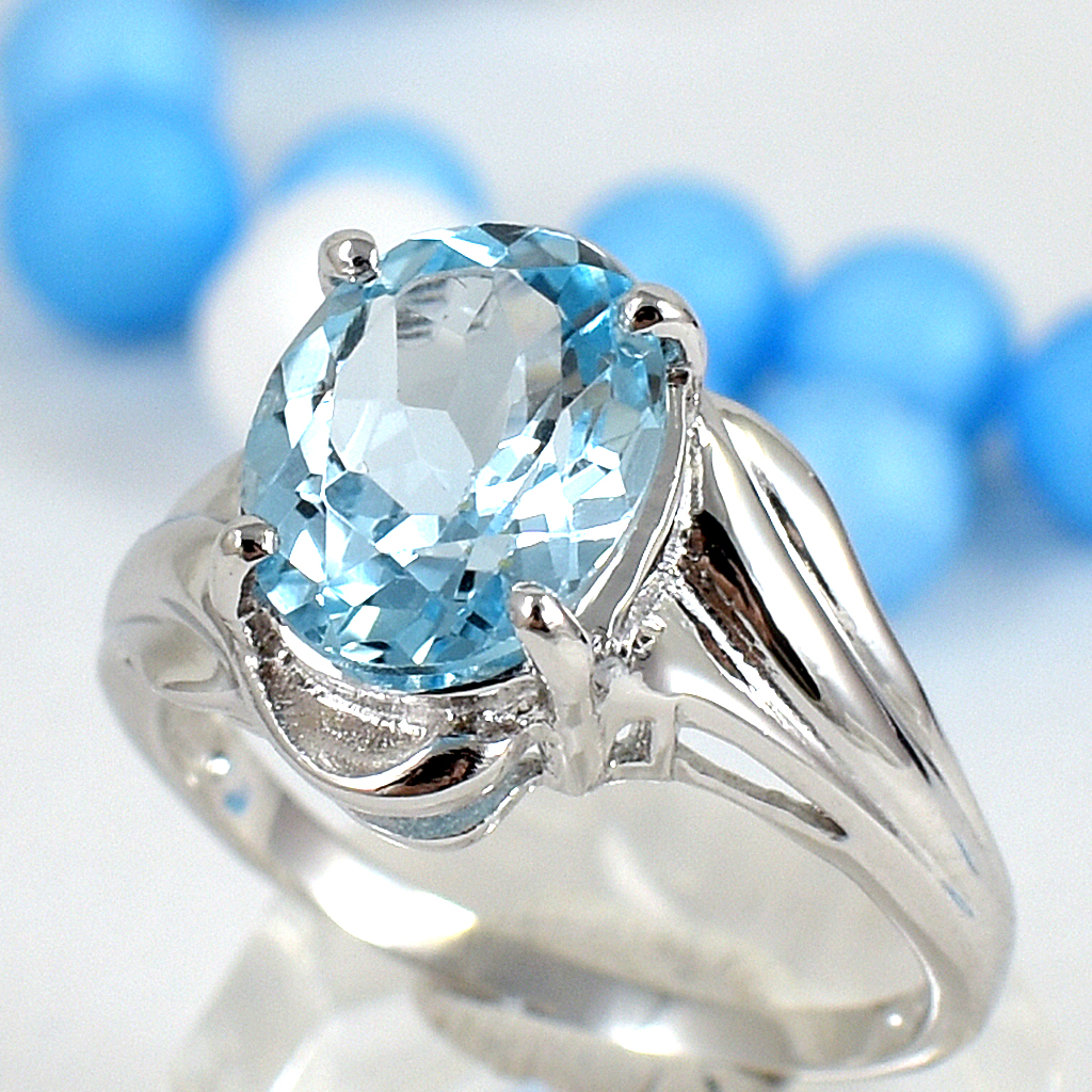 แหวนเงินแท้ราคาถูกชุบทองคำขาว สกายบลูโทปาซแท้ 3.35 กะรัต งานประณีตสวยงาม สั่งผลิตค่ะ