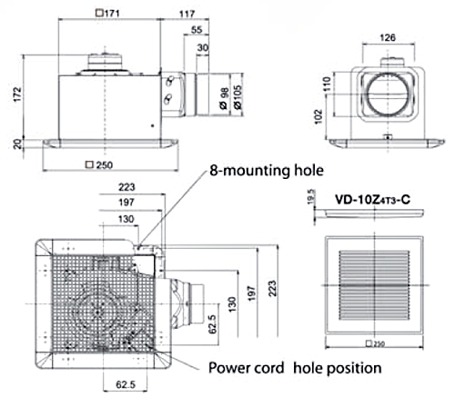 Mitsubishi พัดลมระบายอากาศ แบบต่อท่อ ฝังฝ้า ใบพัด 4 นิ้ว รุ่น VD-10Z4T3