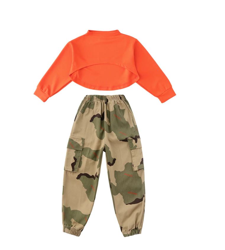 ชุดเต้น ฮิปฮอป เสื้อส้ม+กางเกงลายทหาร