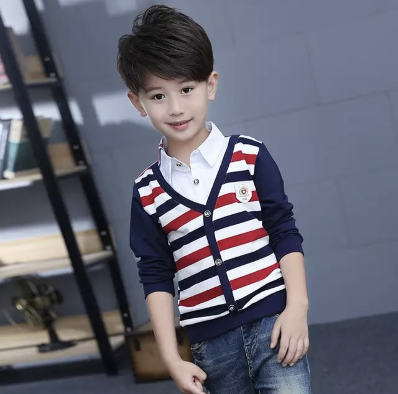 สินค้าพร้อมส่ง เสื้อแขนยาว เสื้อเชิ๊ตเด็ก ตัดต่อคอปก