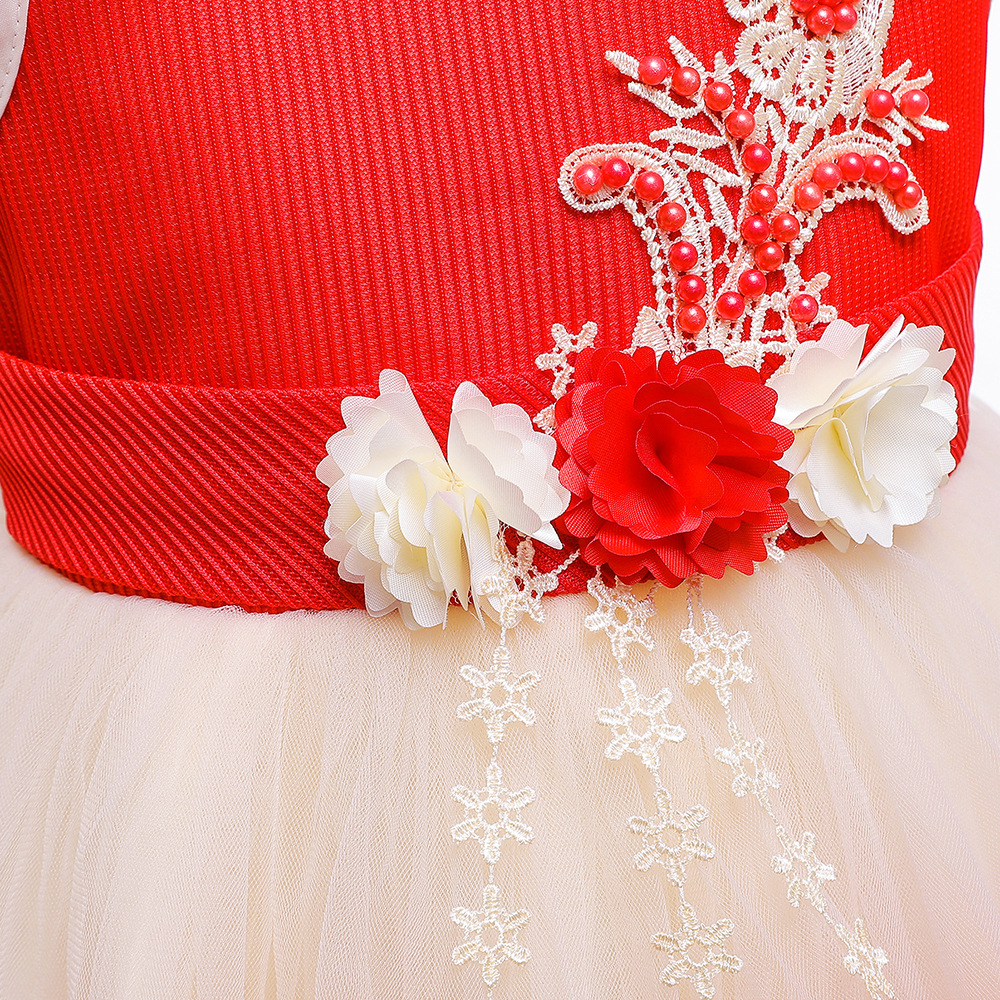 ชุดเด็ก : เดรสออกงาน สีชมพูแต่งลูกไม้กุหลาบ สีชมพู,แดง