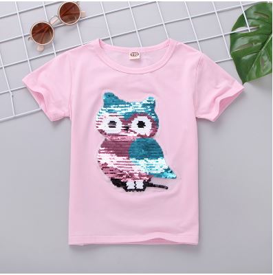 เสื้อเด็ก เสื้อยืด แขนสั้นปักเลื่อม ลายนกฮูกสีชมพู-ขาว