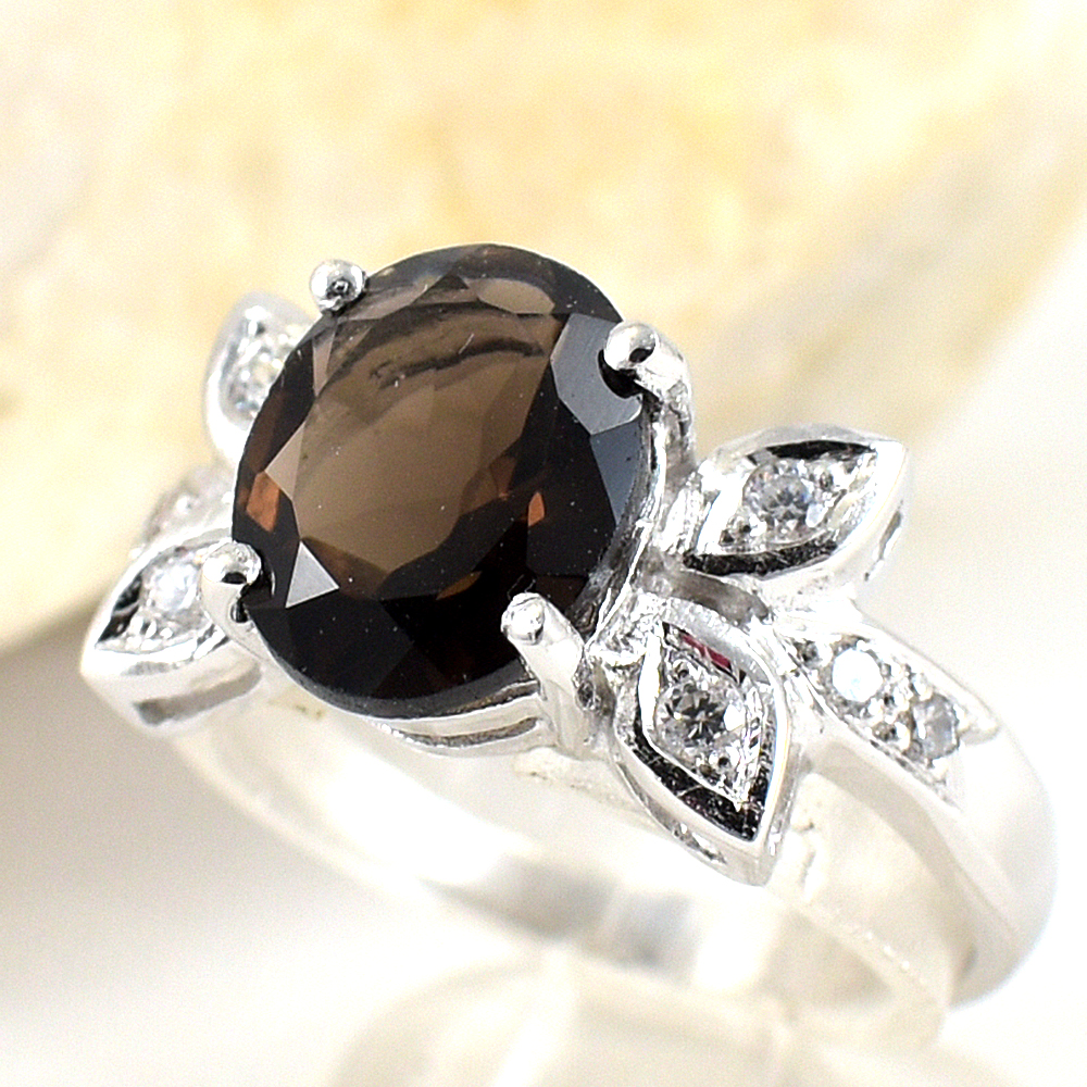 แหวนเงินแท้ราคาถูกชุบทองคำขาว พลอยแท้สโมกกี้ควอทซ์ 2.25 กะรัต เพชรCZ 0.16 กะรัต งานประณีตสวยงาม สั่งผลิตค่ะ