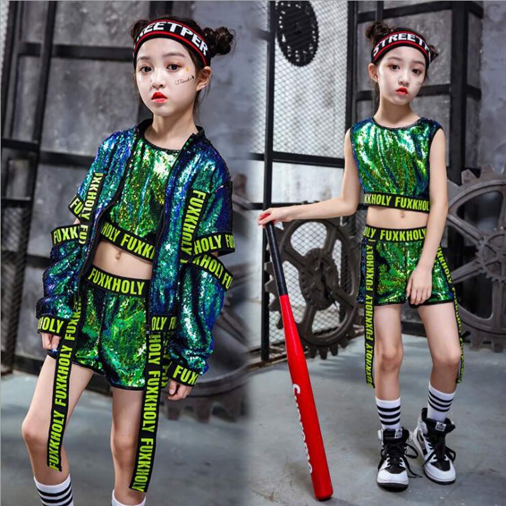 ชุดเต้น ชุดแดนซ์เซอร์ ปักเลื่อม เซ็ต 3 ชิ้น ตัวนอก+ตัวใน+กางเกง