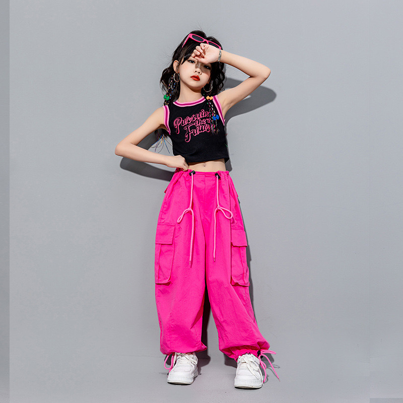 ชุดเต้น เสื้อแขนกุด+กางเกงคาร์โก้สีชมพู เอวผูก