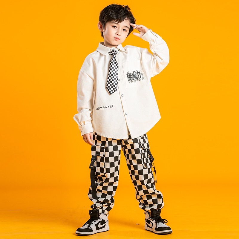 พร้อมส่ง ชุดเต้น ชุดแดนซ์ เสื้อสีขาว+กางเกงลายหมากรุก