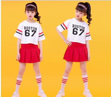 ชุดเต้น ชุดแดนซ์ เสื้อสีขาวลาย 67 +กระโปรงแดง/กางเกงแดง