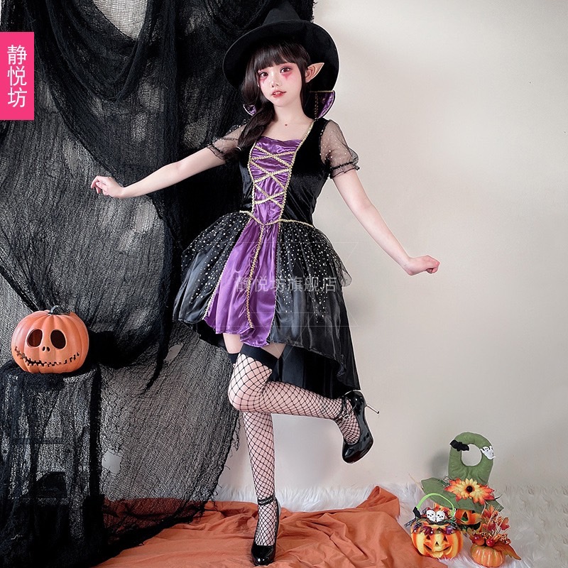พร้อมส่ง ชุดแม่มด ชุดฮาโลวีน ผู้ใหญ่ ม่วง-ดำ**