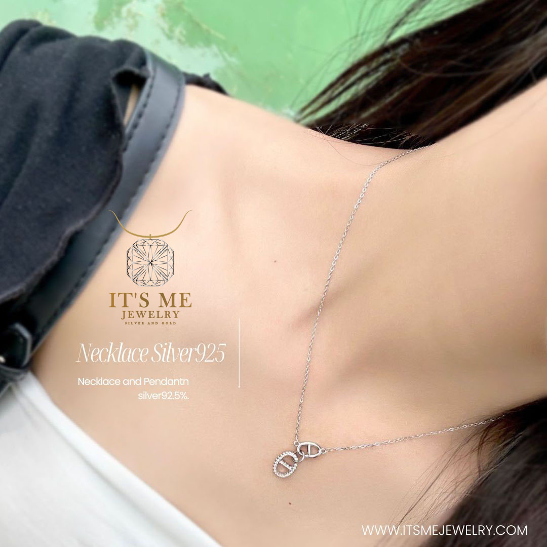 สร้อยพร้อมจี้เงินแท้92.5% ประดับเพชร cz Free size 16-17.5 นิ้ว ชุบทองคำขาว (เรือนเงินแท้)