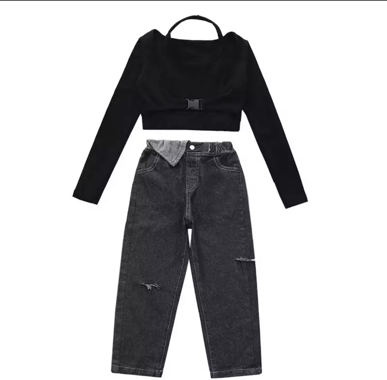 **เฉพาะเสื้อ**ชุดเต้น ฮิปฮอป เสื้อแขนยาว แขนคอไขว้ สีดำสลับดำ