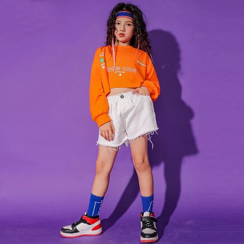 ชุดเต้น แดนซ์ เสื้อส้ม+กางเกงสีขาว