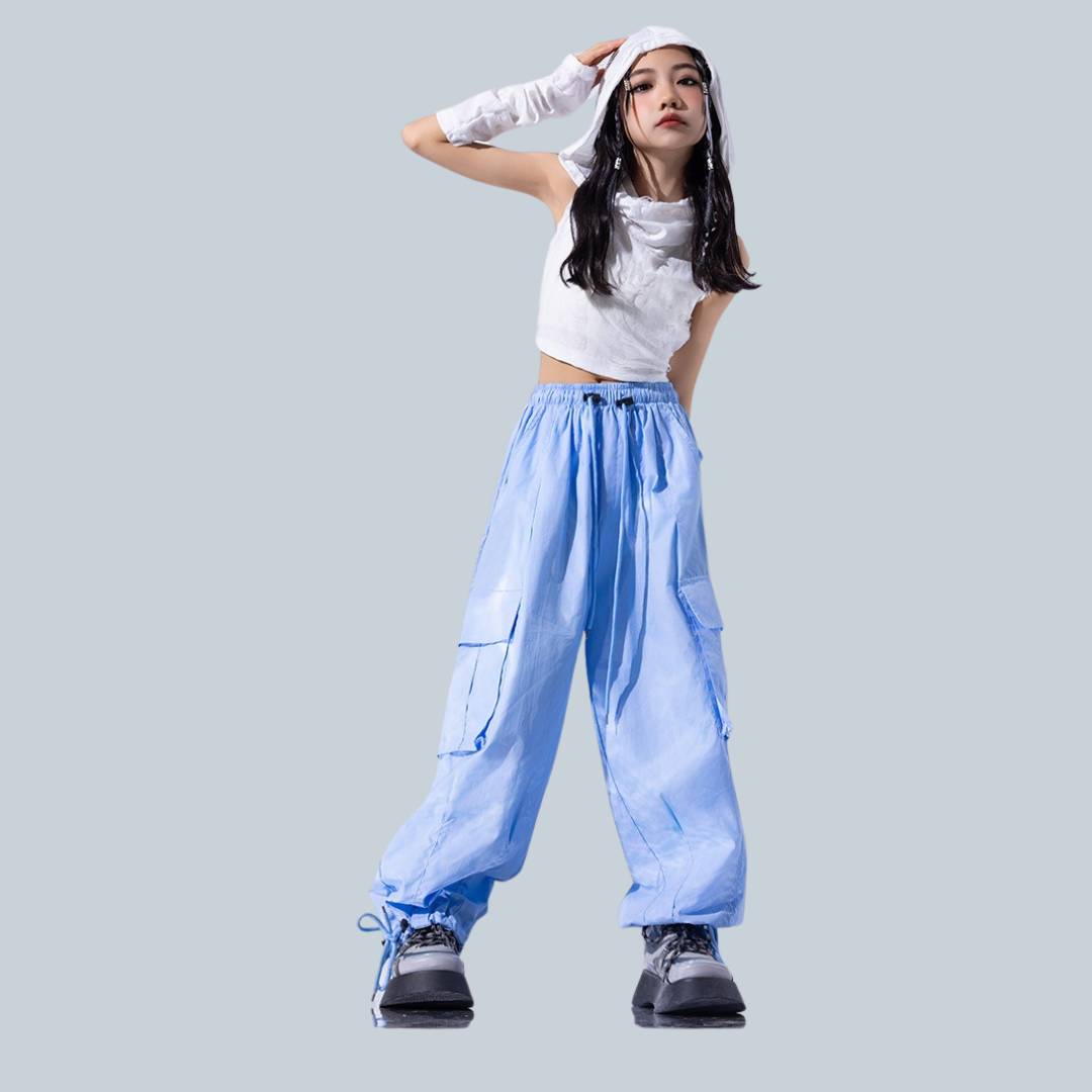 ชุดเต้นเซ็ต ชุดฮิปฮอป สไตล์สีฟ้า เสื้อ/กางเกงขายาว