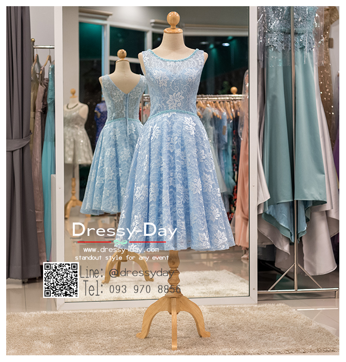 รหัส ชุดราตรี :PFS021 ชุดแซกผ้าลูกไม้งานสวย ชุดราตรีสั้นหรูสีฟ้ามาตกแต่งกริตเตอร์ช่วงเอว สวย สง่า ดูดีแบบเจ้าหญิง ใส่ไปงานแต่งงาน งานกาล่าดินเนอร์ งานเลี้ยง งานพรอม งานรับกระบี่