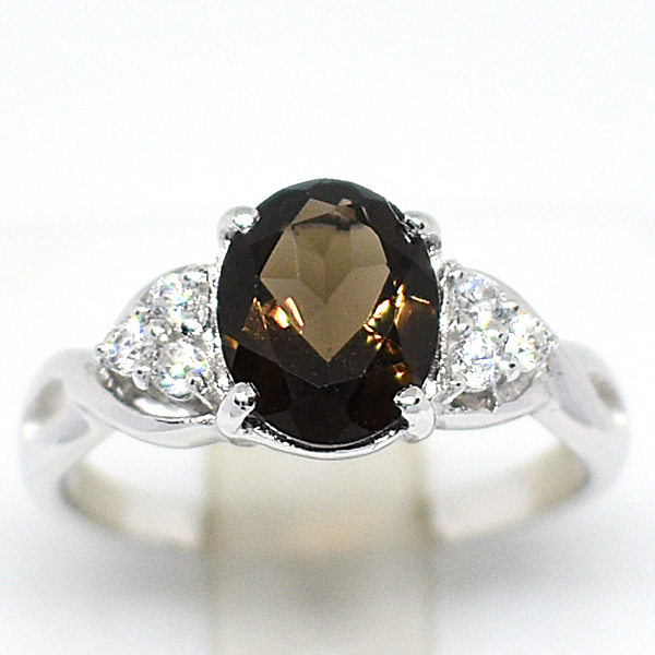 แหวนเงินแท้ราคาถูกชุบทองคำขาว พลอยแท้สโมกกี้ควอทซ์ 1.70 กะรัต เพชรCZ 0.15 กะรัต งานประณีตสวยงาม สั่งผลิตค่ะ