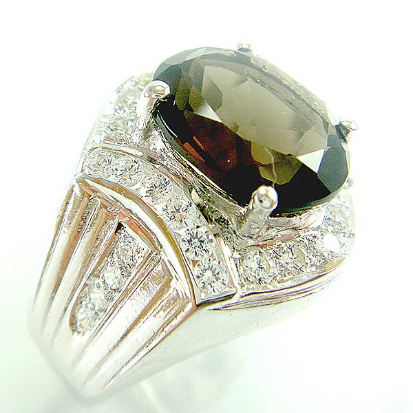 แหวนเงินแท้ราคาถูกชุบทองคำขาว พลอยแท้สโมกกี้ควอทซ์ 4.80 กะรัต เพชรCZ 0.67 กะรัต งานประณีตสวยงาม สั่งผลิตค่ะ