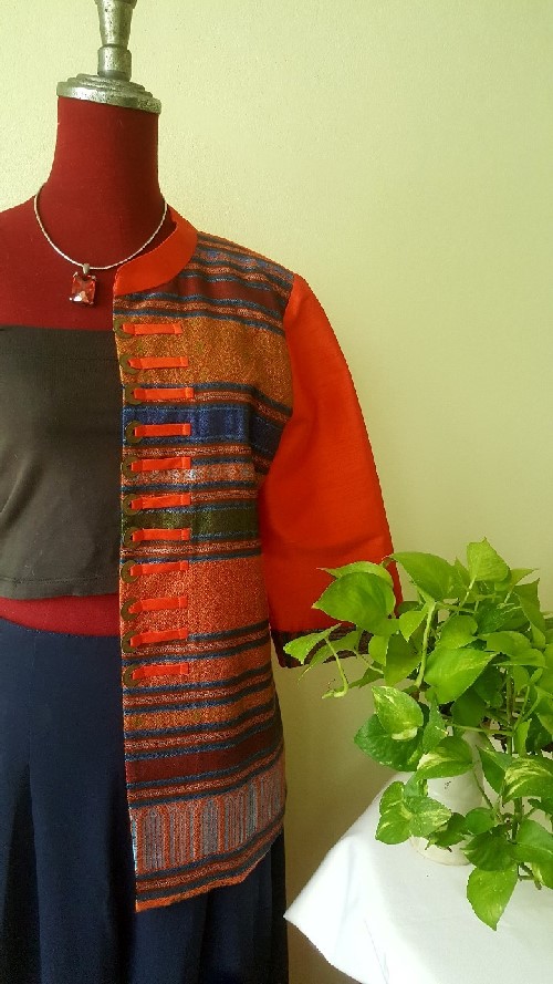 SIVA เสื้อคลุ้มผ้าไหมไทยตกแต่งวัสดุเหลือใช้ SIVA (ส่งฟรี) ดำ,น้ำตาล,ชมภู่,ฟ้า,แดงเลือดหมู M,L,XL,XXL