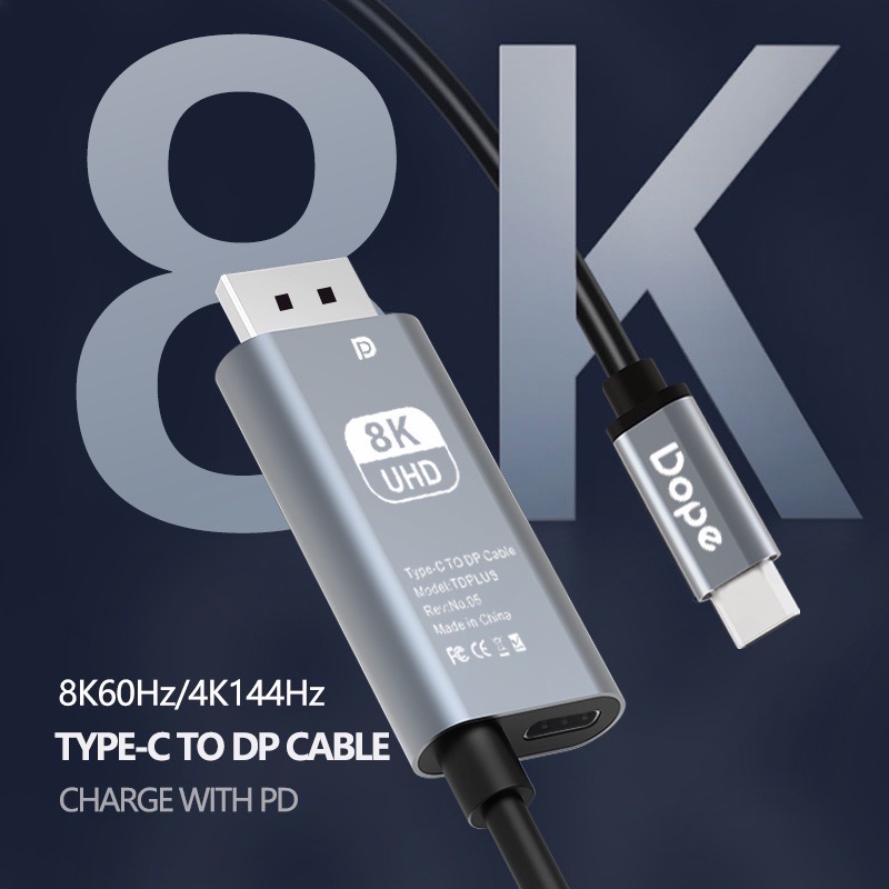 Type C to DP V1.4 รองรับความละเอียด 8K 60Hz ความยาว 2เมตร รองรับการชาร์จ 100W PD Charging by Dope