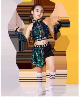 พร้อมส่ง ***ชุดเต้น ชุดฮิปฮอป เสื้อแขนกุด ปักเลื่อม สีเขียว + กางเกง