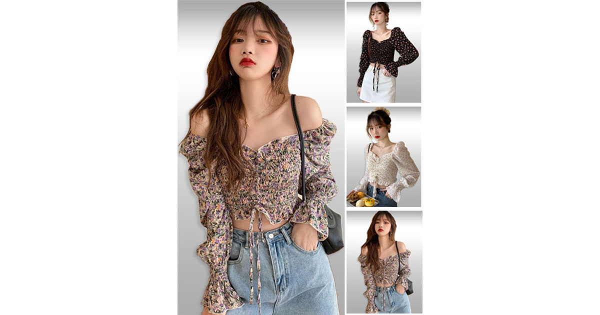 เสื้อครอปแฟชั่นแขนยาวไหล่ตุ๊กตาสวยหวาน มี3สี รหัส2323