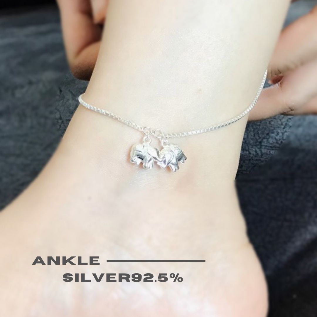 สร้อยข้อเท้าเงินแท้92.5% สร้อยลาย box ร้อยตุ้งติ้งช้างน้อย น่ารักๆ ยาว 9.5" (เรือนเงินแท้)(กระดิ่ง 1 ลูก)
