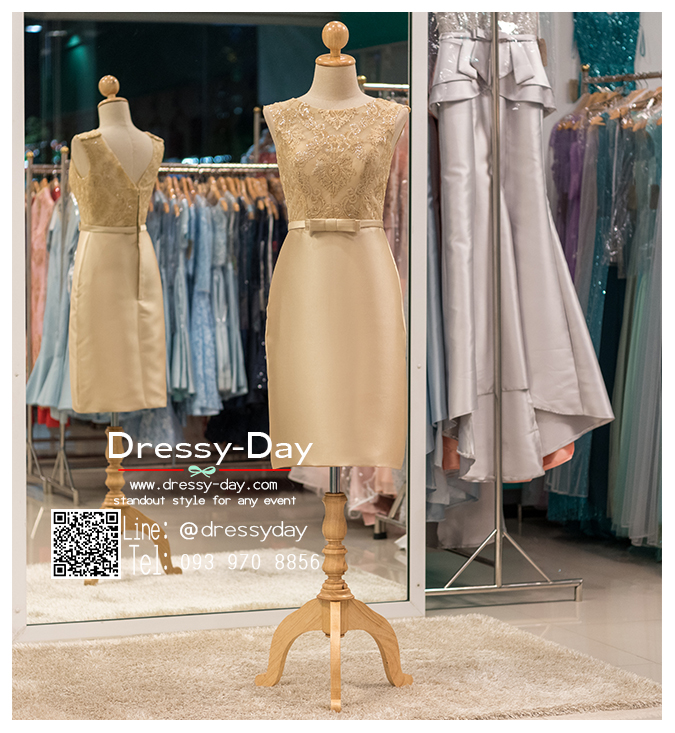 รหัส ชุดราตรี :PFS028 ชุดแซกผ้าลูกไม้งานสวยตกแต่งลูกไม้กริตเตอร์ ชุดราตรีสั้นหรูสีทอง สวย สง่า ดูดีแบบเจ้าหญิง ใส่เป็นชุดไปงานแต่งงาน งานกาล่าดินเนอร์ งานเลี้ยง งานพรอม งานรับกระบี่