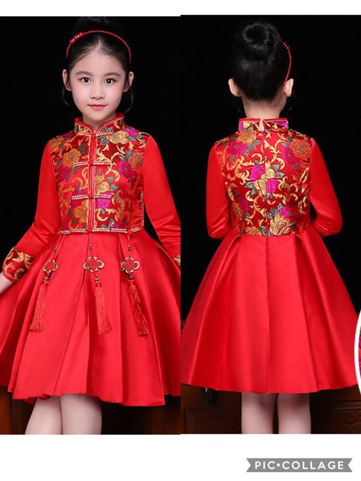 พร้อมส่ง ชุดจีน กี่เพ้า เดรสแขนสั้นแต่งลายมังกร ติดโบวสีแดง