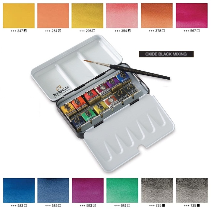 Rembrandt Watercolor Metal Tin Set of 12 (Dusk Color, Oxide Black Mixing)