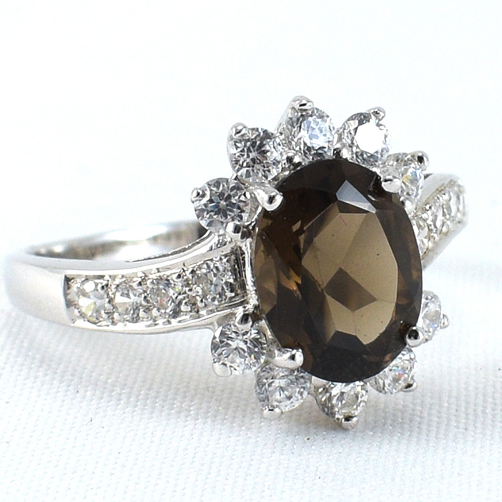 แหวนเงินแท้ราคาถูกชุบทองคำขาว พลอยแท้สโมกกี้ควอทซ์ 2.25 กะรัต งานประณีตสวยงาม สั่งผลิตค่ะ
