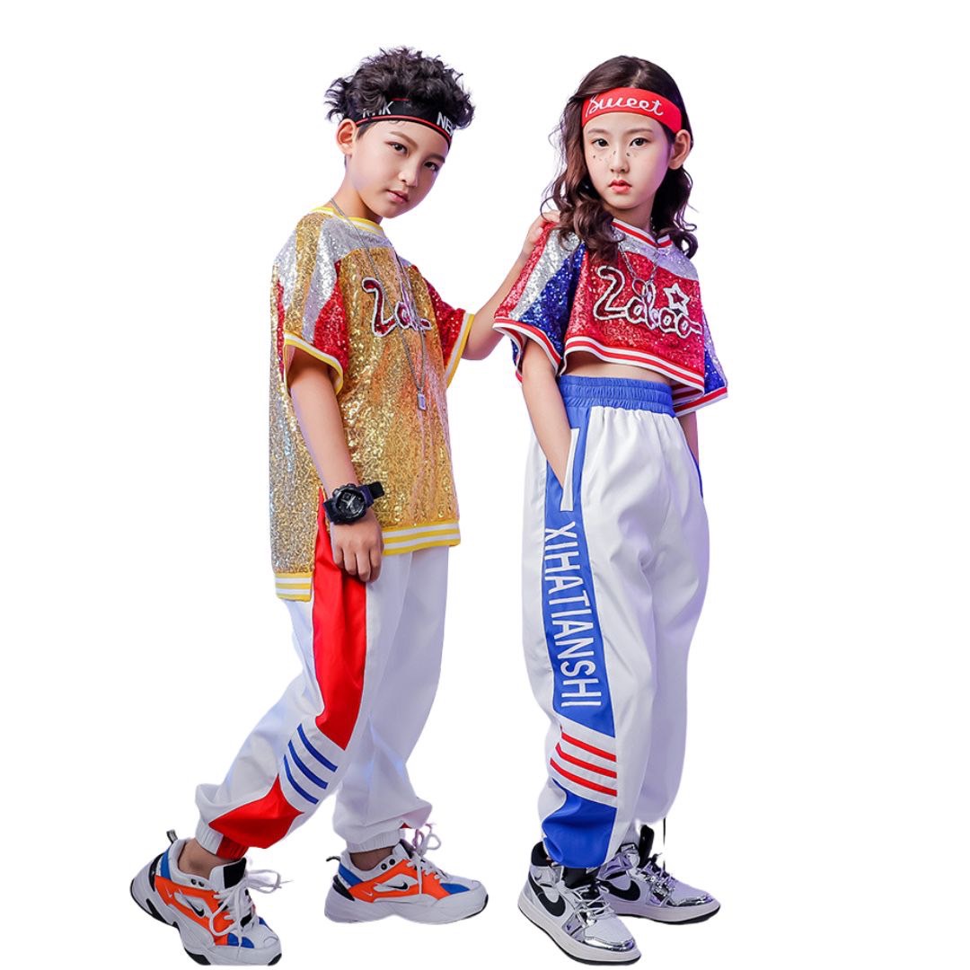 พร้อมส่ง ชุดเต้น ชุดแดนซ์ เซ็ต ปักเลื่อม แดง-ทอง เซ็ต 2 ขิ้น