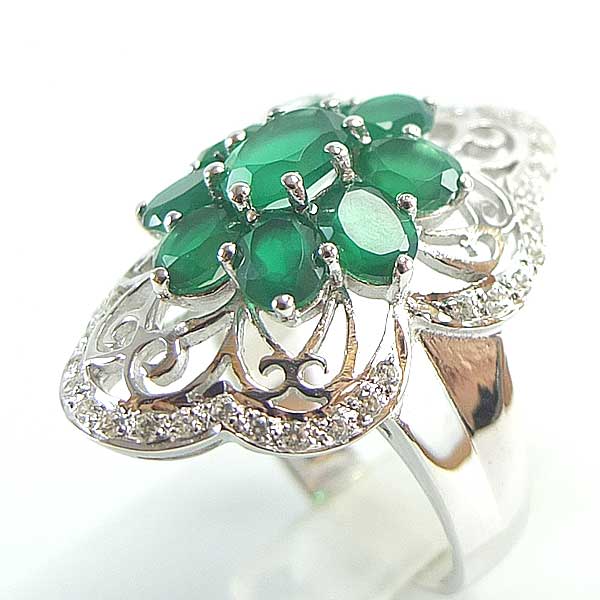 แหวนเงินแท้ราคาถูกชุบทองคำขาว พลอยแท้กรีนอะเกท 3.32 กะรัต เพชรCZ 0.38 กะรัต งานประณีตสวยงาม สั่งผลิตค่ะ