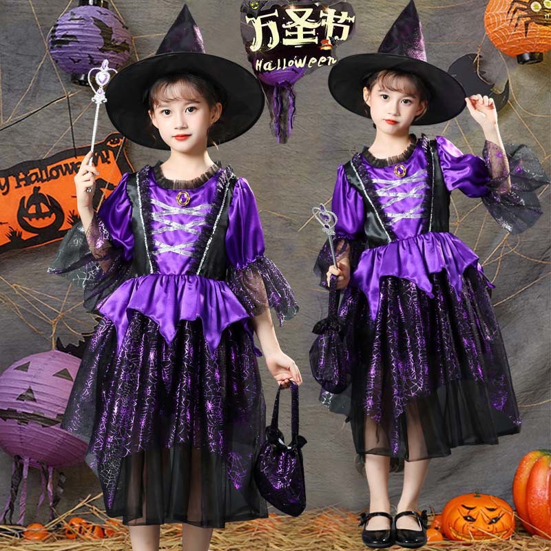 พร้อมส่ง ชุดฮาโลวีน เดรสแม่มด สีม่วง+ผ้าคลุม+หมวก ปลอกแขน