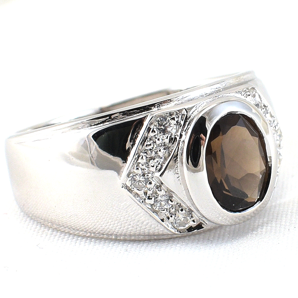 แหวนเงินแท้ราคาถูกชุบทองคำขาว พลอยแท้สโมกกี้ควอทซ์ 1.60 กะรัต เพชรCZ 0.30 กะรัต งานประณีตสวยงาม สั่งผลิตค่ะ