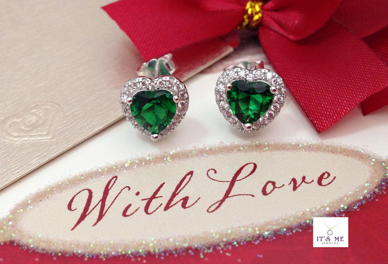 Valentine's Love ต่างหูเงินแท้ พลอยสีเขียวประดับเพชร cz รูปหัวใจ