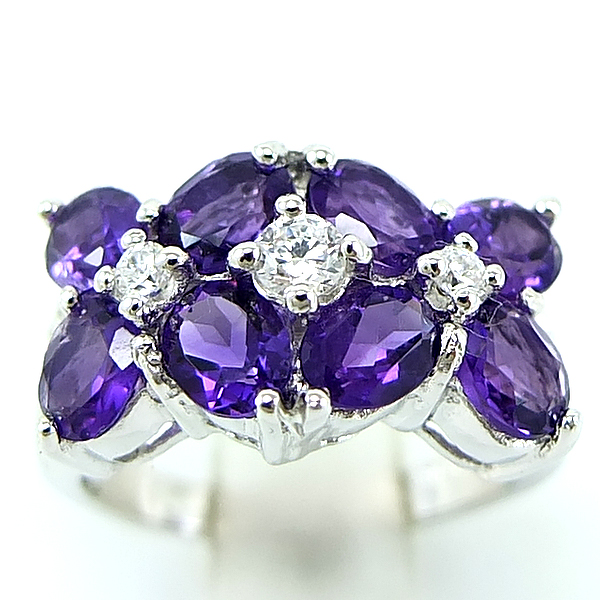 แหวนเงินแท้ราคาถูกชุบทองคำขาว แอมิทิสต์แท้ 3.20 กะรัต เพชรCZ 0.272 กะรัต งานประณีตสวยงาม สั่งผลิตค่ะ