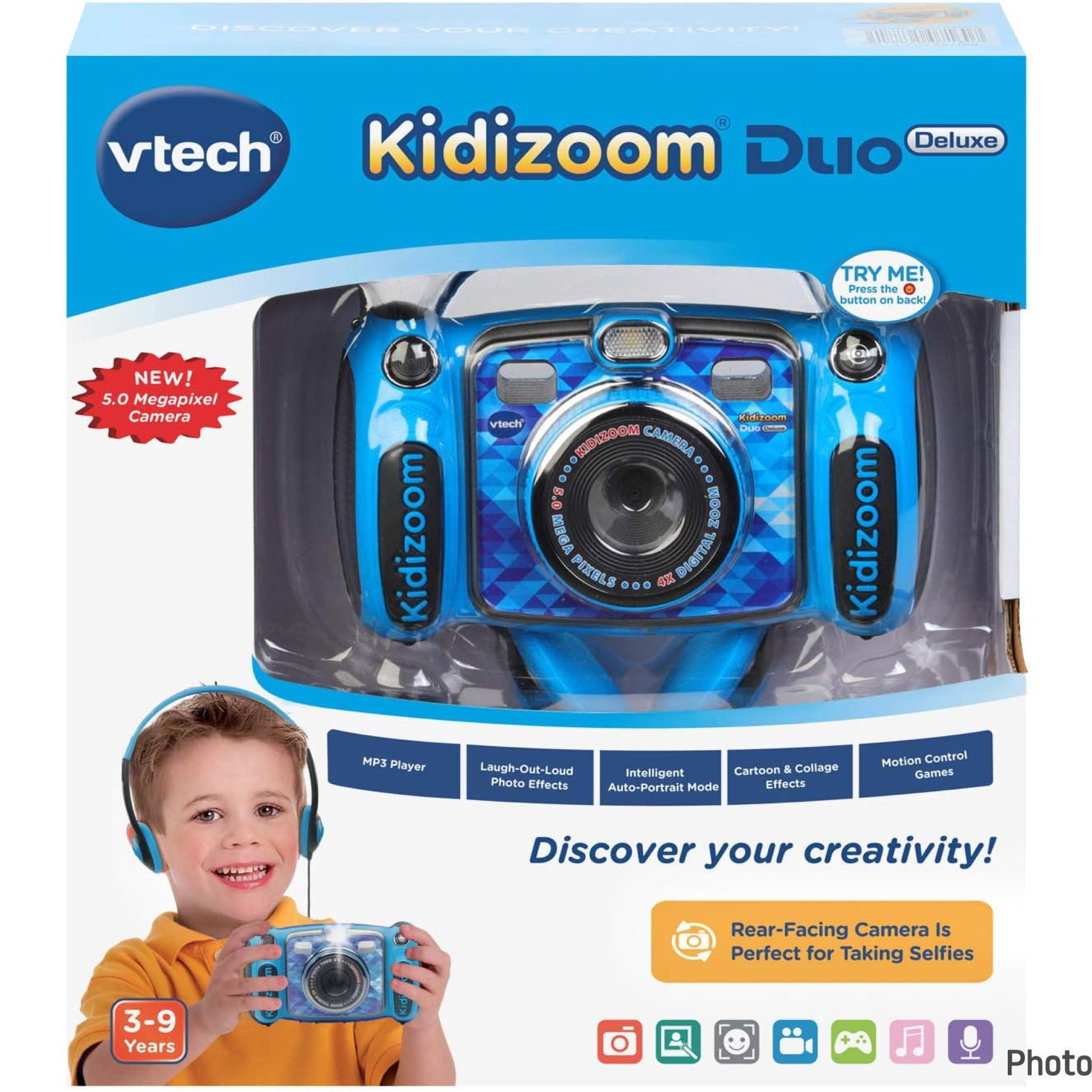 กล้องพร้อม MP3 และเกมส์และหูฟัง VTech Kidizoom Duo 5.0 Deluxe Digital Selfie Camera with MP3 Player and Headphones, Blue