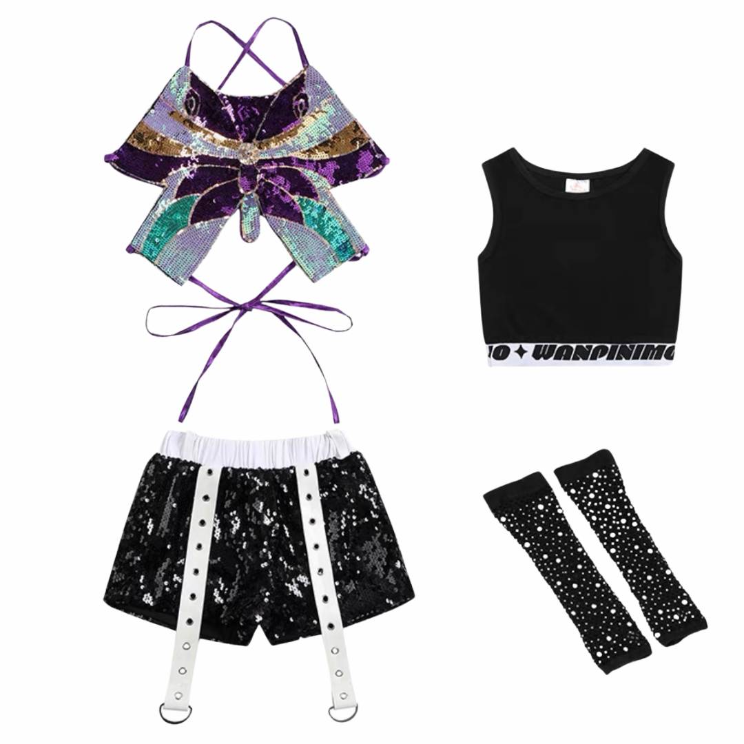 friendly4kid พร้อมส่ง ชุดเต้น เซ็ตเสื้อกั๊กดำ +กางเกงขายาว/กระโปรง hiphop jazzdance