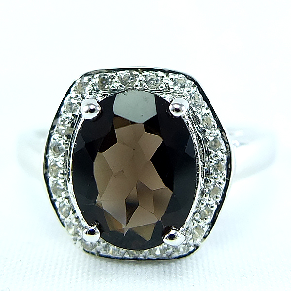 แหวนเงินแท้ราคาถูกชุบทองคำขาว พลอยแท้สโมกกี้ควอทซ์ 3.55 กะรัต เพชรCZ 0.168 กะรัต งานประณีตสวยงาม สั่งผลิตค่ะ