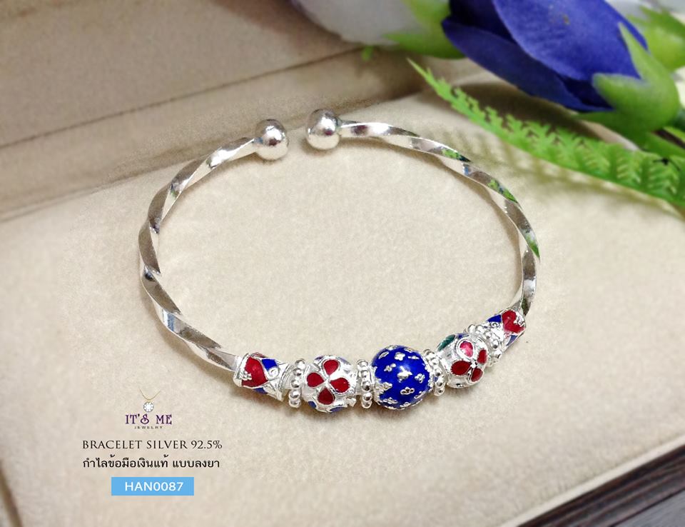 กำไลข้อมือเงินแท้ ลงยาลายไทย (กำไลสามารถขยายได้)