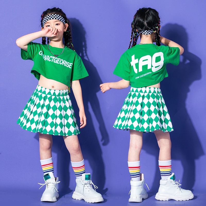 พร้อมส่ง ชุดเต้น ชุดเชียร์ เซ็ทเสื้อแขนสั้น+กระโปรง/กางเกง ลายหมากรุก